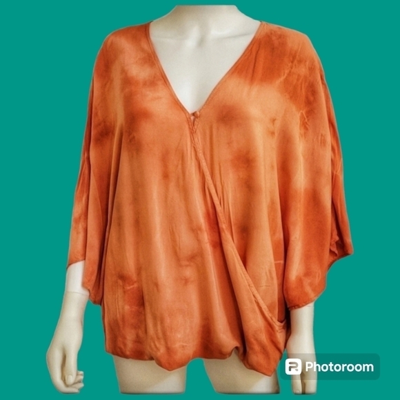 DEMOCRACY Orange Tie Dye Surplice Crossover Poncho Blouson Festival Blouse - Picture 1 of 9